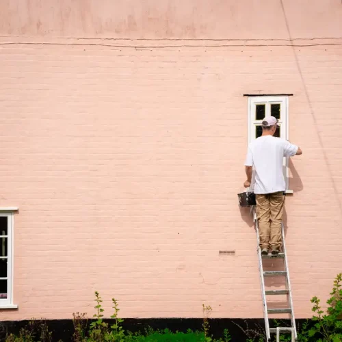 Interior and Exterior Painting in Suffolk by Dove Mill. A man standing on a ladder painting the wall of a country house pink.